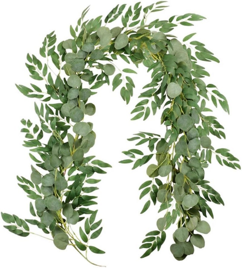 woobles Artificial Vine, Artificial Vine Willow Leaves Garland Table Runner 6.5ft Faux Eucalyptus Twigs for Wedding 2PCS, Greenery Garland - Image 1